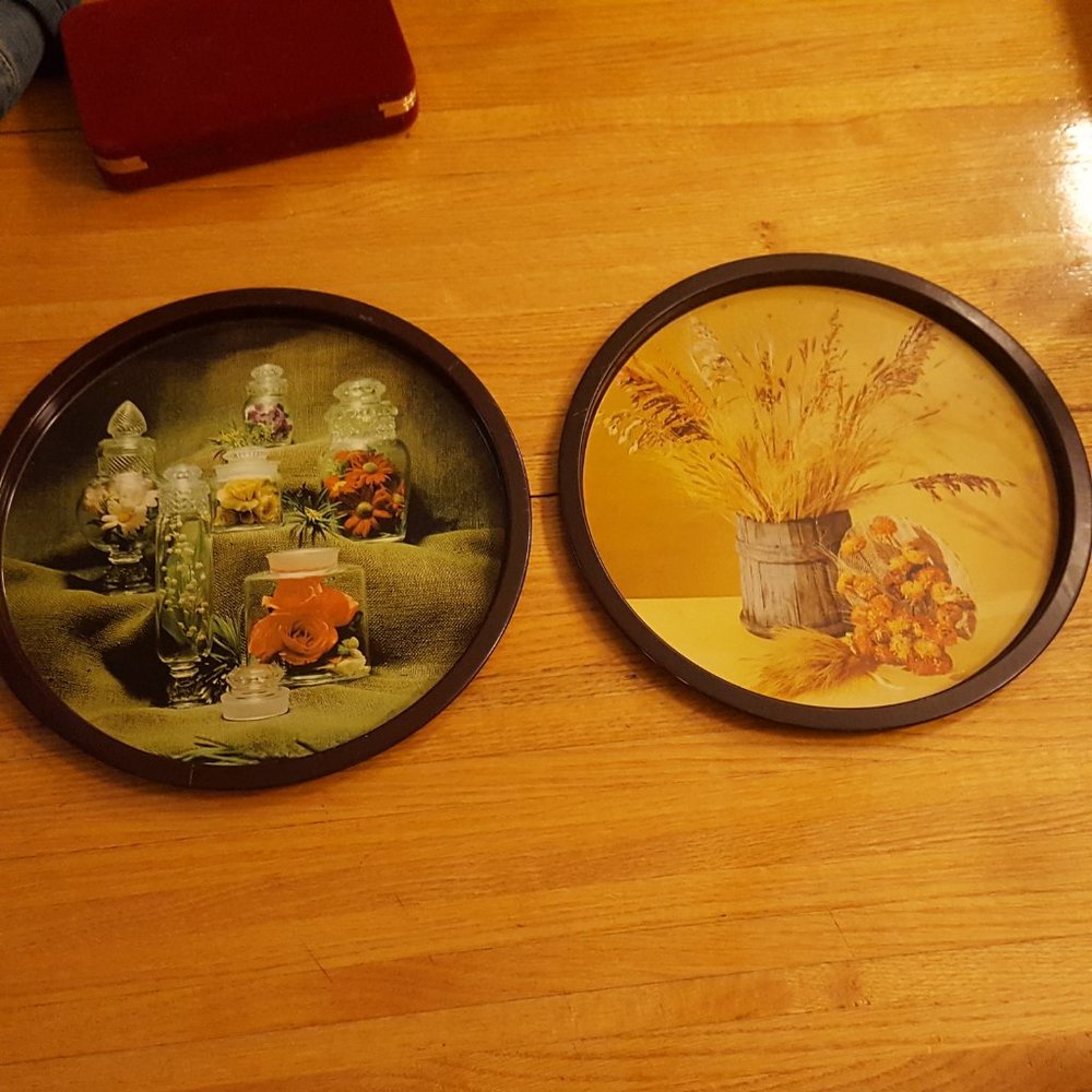 2 Vintage 70's Round Metal Fall Trays 10.5"